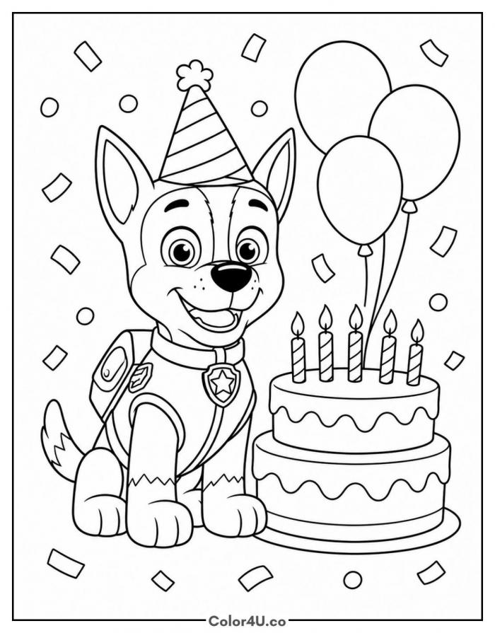 Pup in a party hat with a birthday cake and balloons, medium PAW Patrol coloring page, free printable