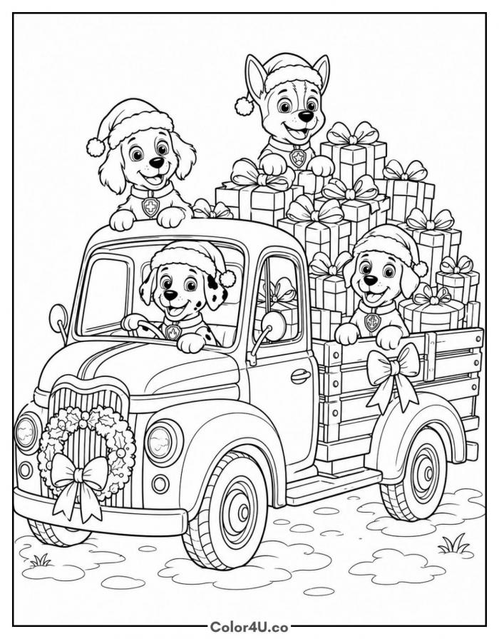 Four pups in Santa hats driving a truck loaded with presents, detailed PAW Patrol coloring page