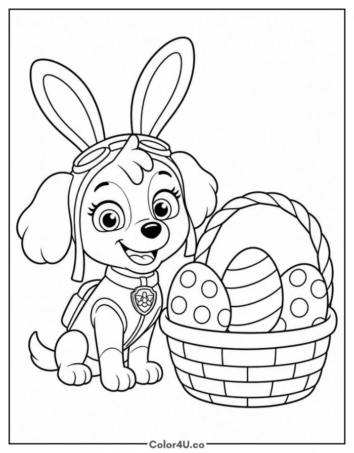 Pup in bunny ears next to a woven basket of Easter eggs, medium PAW Patrol coloring page