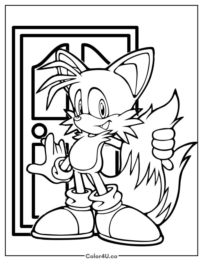 Tails opening a door and waving, medium Sonic the Hedgehog coloring page, free printable