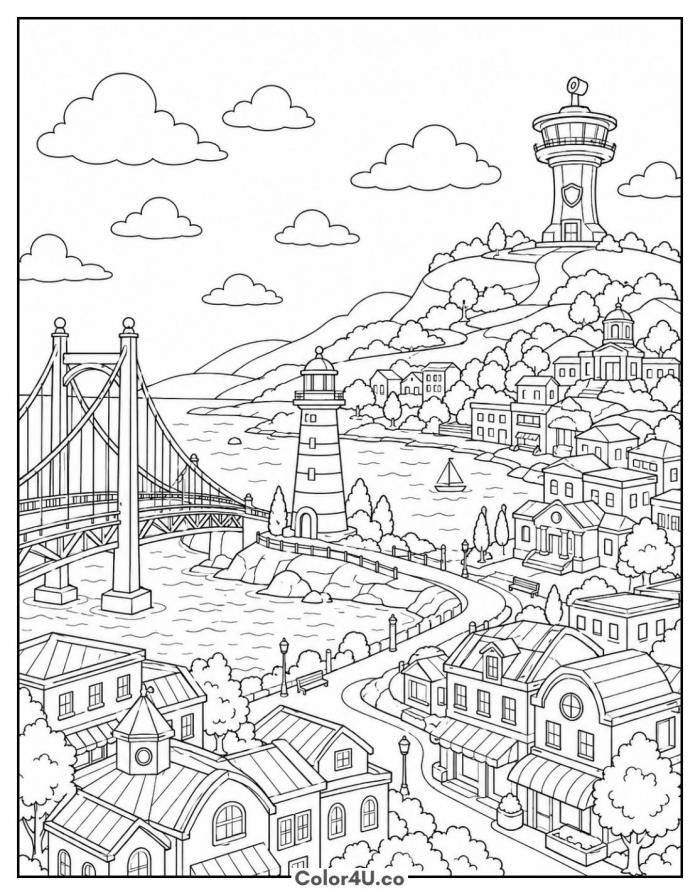 Adventure Bay panorama with lighthouse and bridge, detailed PAW Patrol coloring page, free printable