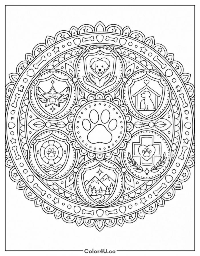 Pup badge mandala with paw print and rescue emblems, detailed PAW Patrol coloring page, free printable
