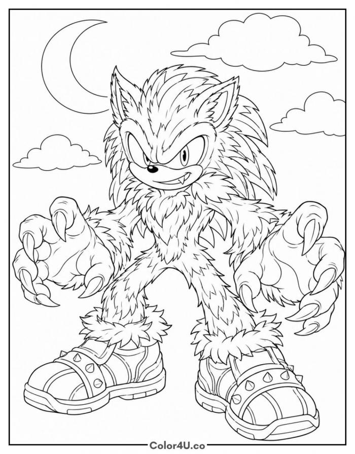Sonic the Werehog under a crescent moon, medium Sonic coloring page, free printable