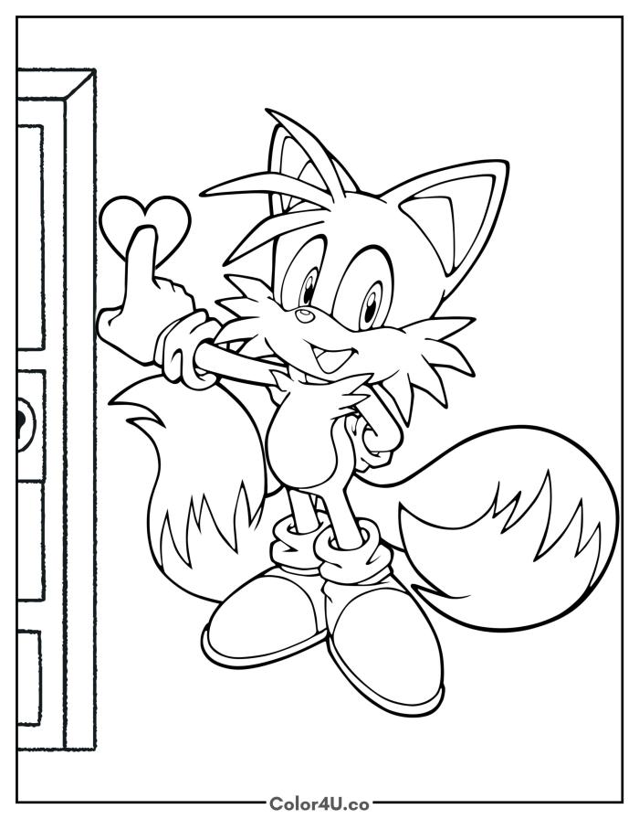 Tails ringing a doorbell, medium Sonic the Hedgehog coloring page, free printable