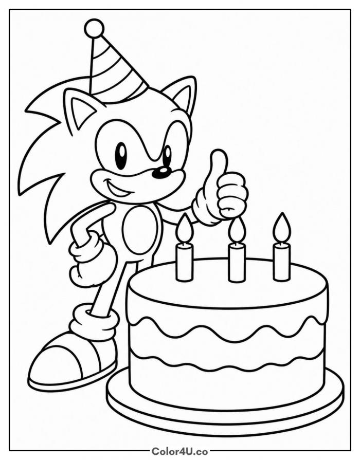 Sonic with a birthday cake, medium Sonic coloring page, free printable
