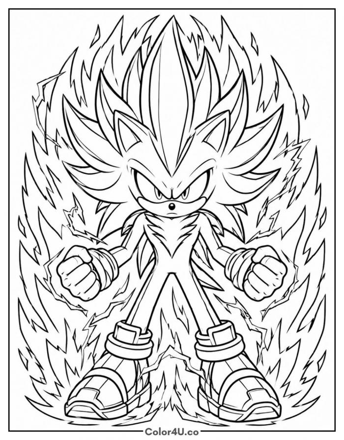 Dark Sonic with an energy aura, detailed Sonic coloring page, free printable