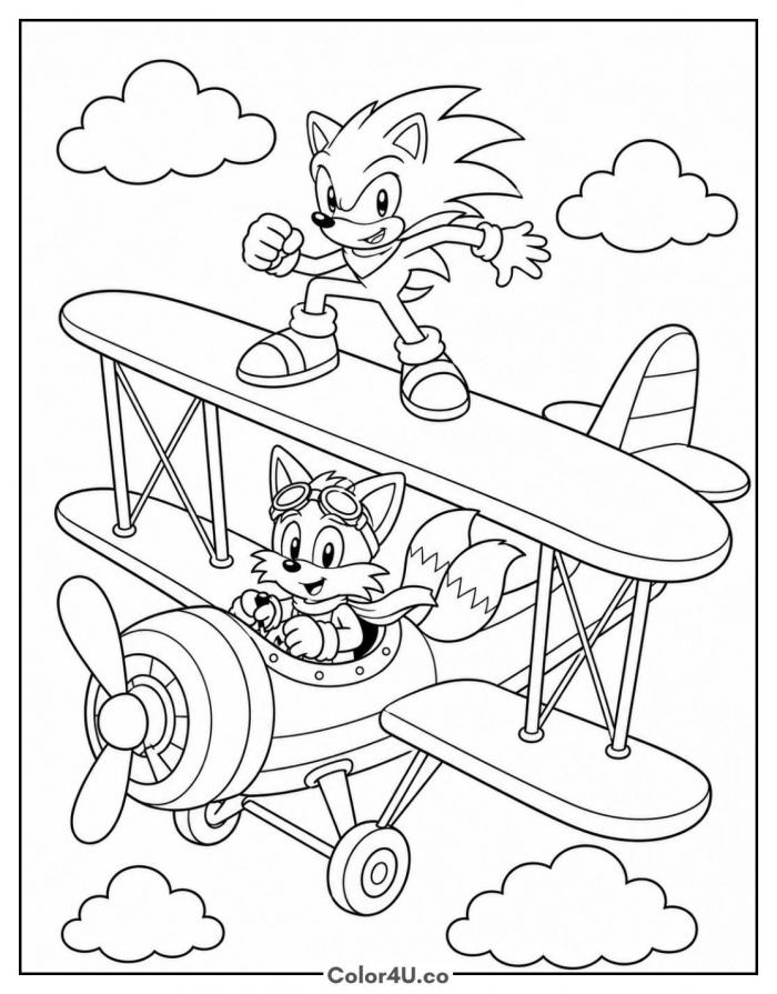 Sonic and Tails flying the Tornado biplane, medium Sonic coloring page, free printable