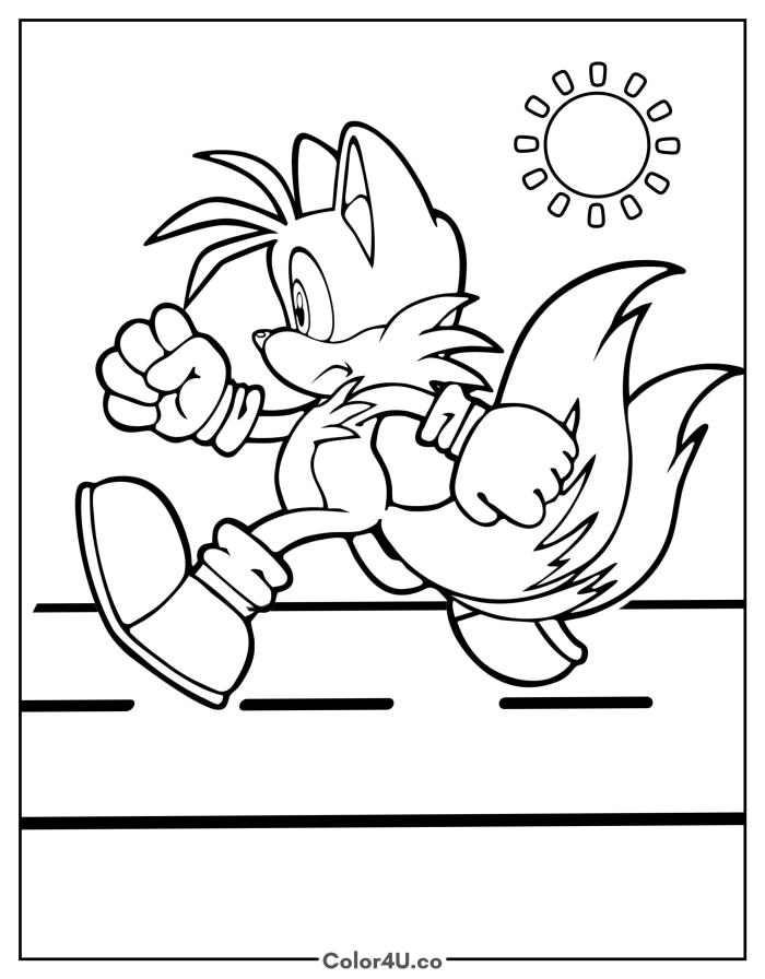 Tails running along a road on a sunny day, medium Sonic the Hedgehog coloring page, free printable