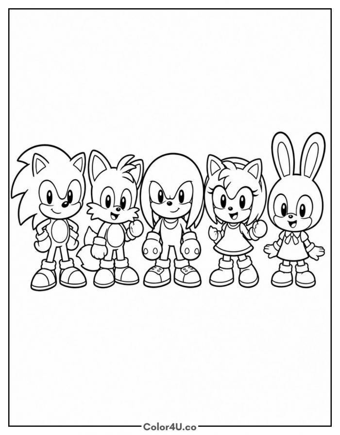Chibi Sonic, Tails, Knuckles, Amy and Cream, medium Sonic coloring page, free printable
