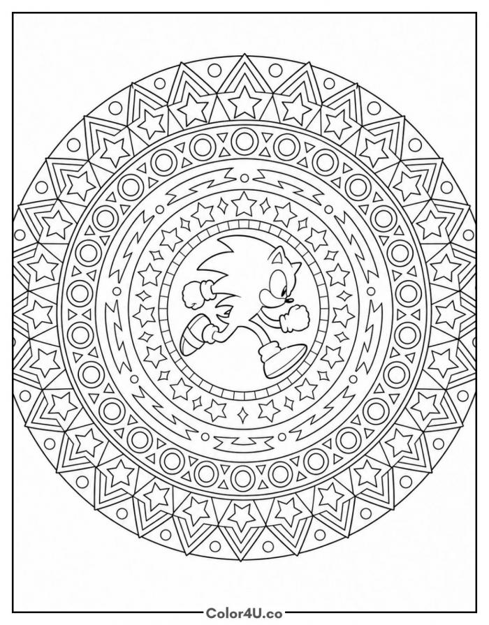 Sonic mandala with stars and rings, detailed Sonic coloring page, free printable