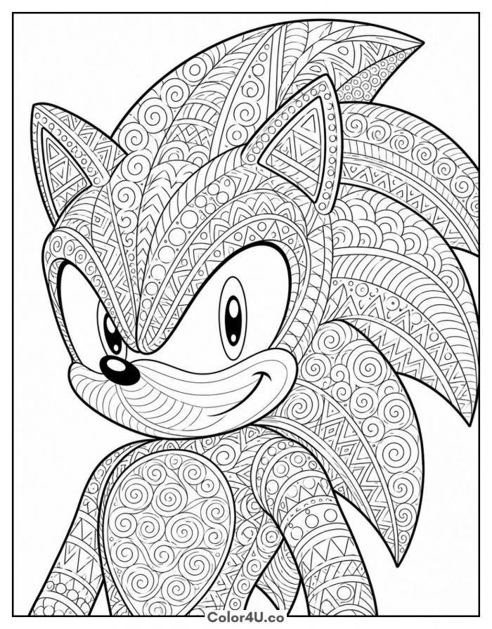 Sonic zentangle portrait with patterned quills, detailed Sonic coloring page, free printable
