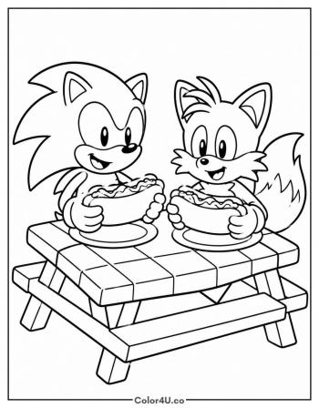 Sonic and Tails Share Chili Dogs coloring page