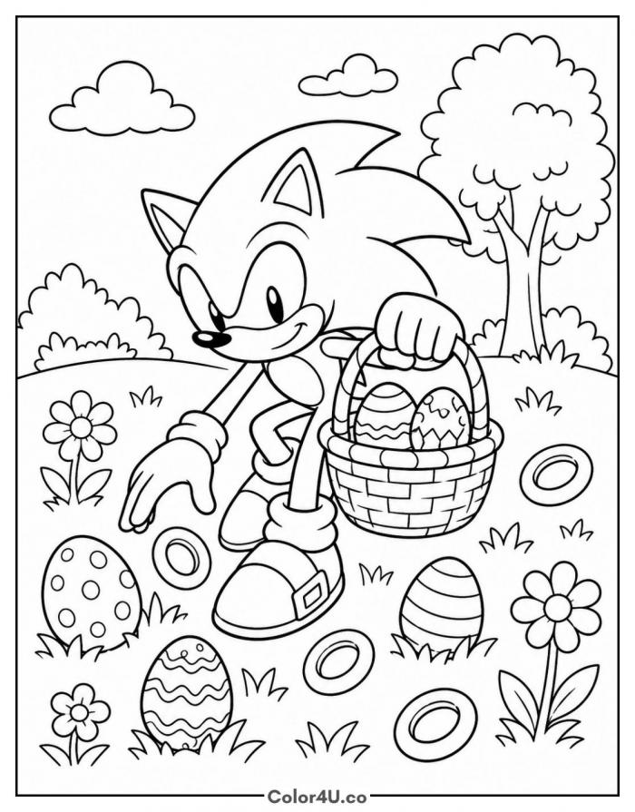 Sonic on an Easter egg hunt with a basket, detailed Sonic coloring page, free printable