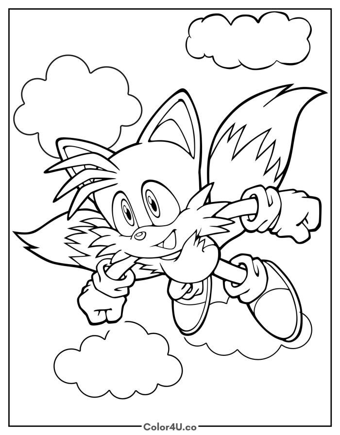 Tails flying through the clouds, medium Sonic the Hedgehog coloring page, free printable