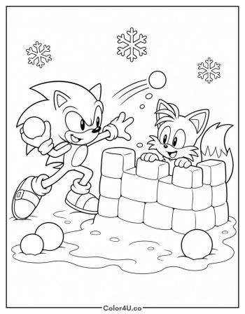 Sonic and Tails Snowball Fight coloring page