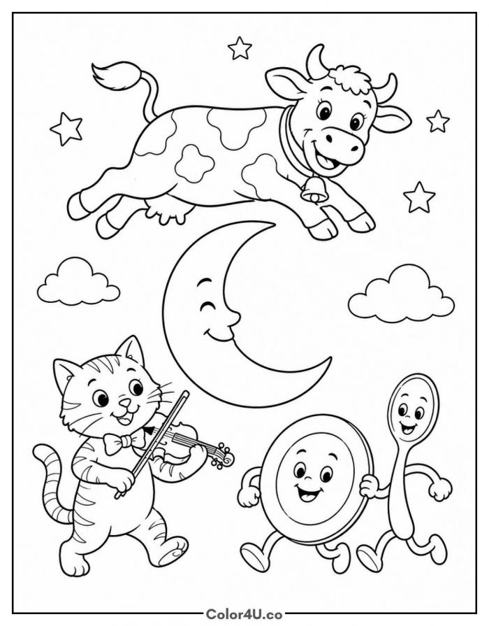 Cow jumping over the moon with cat and fiddle, medium coloring page, free printable