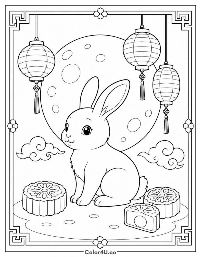 Moon rabbit with lanterns and mooncakes, detailed coloring page, free printable