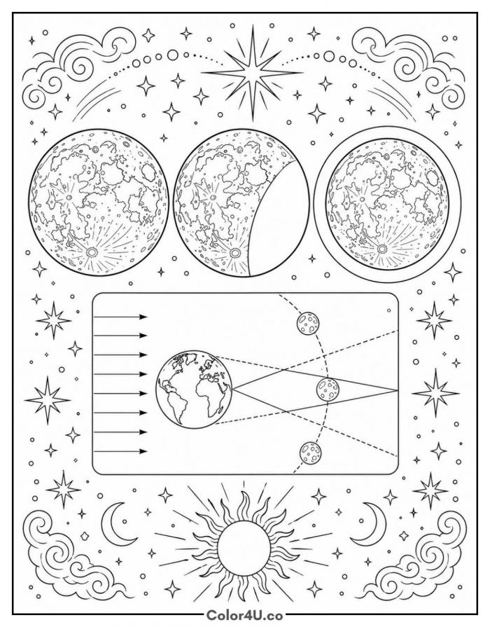 Lunar eclipse phases and Earth diagram, detailed moon coloring page, free printable