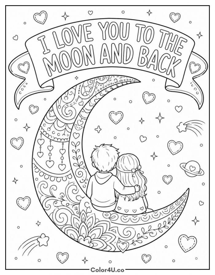 Boy and girl on a crescent moon with love banner, detailed coloring page, free printable