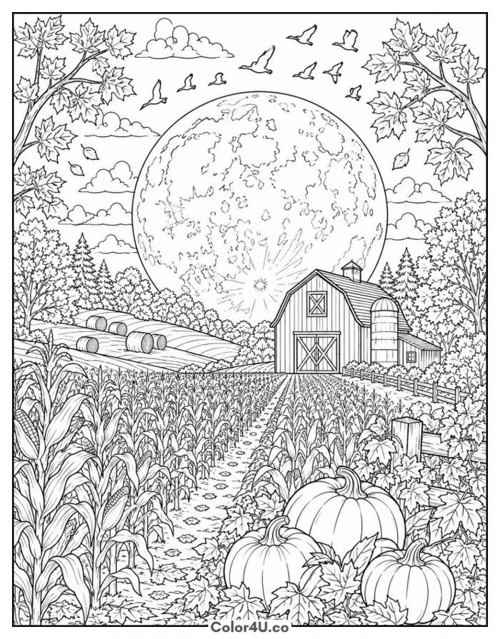 Harvest moon over a cornfield and barn, detailed coloring page, free printable