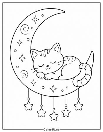 Cat Curled on a Crescent Moon coloring page