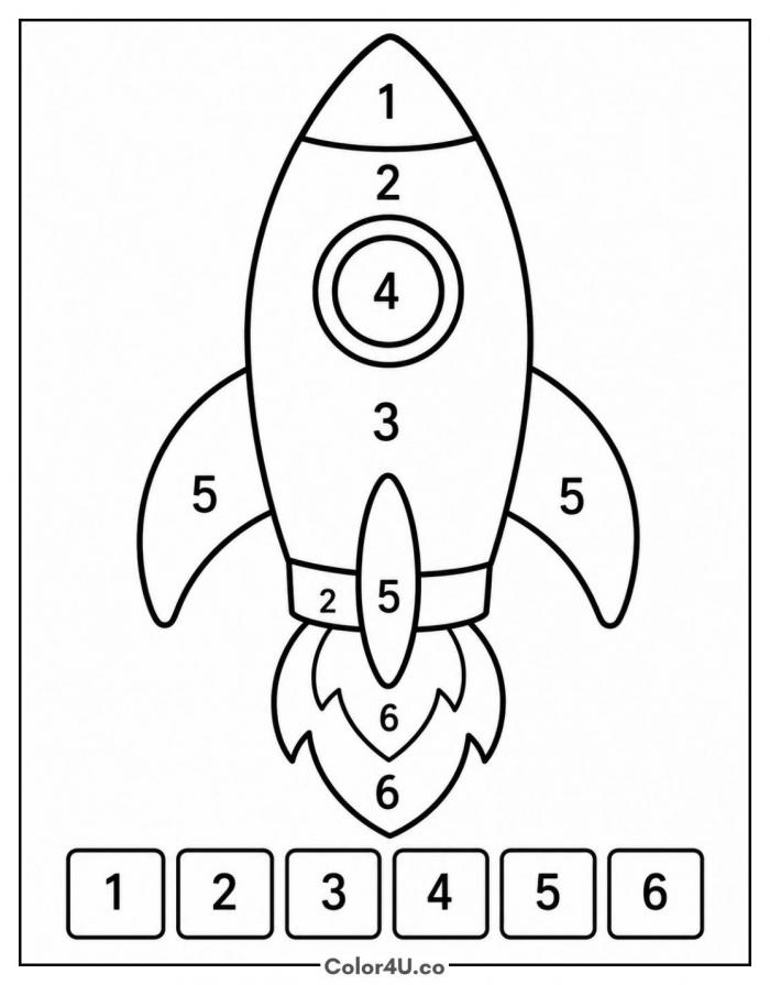 Rocket color by number worksheet, easy rocket coloring page, free printable