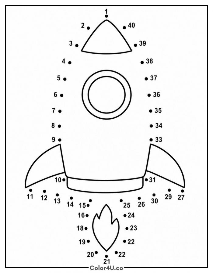 Rocket dot to dot puzzle for kids, easy rocket coloring page, free printable