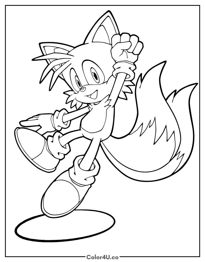 Tails jumping with a raised fist, medium Sonic the Hedgehog coloring page, free printable