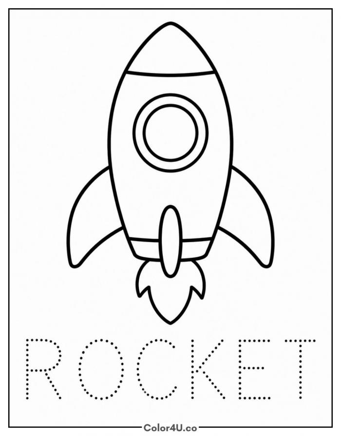 Rocket with traceable word ROCKET, easy rocket coloring page, free printable