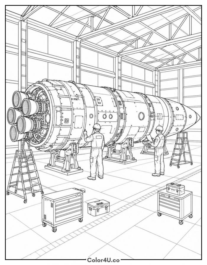 Rocket stage in an assembly hangar with engineers, detailed rocket coloring page