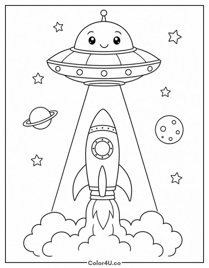 Smiling flying saucer beaming up a rocket, medium rocket coloring page, free printable