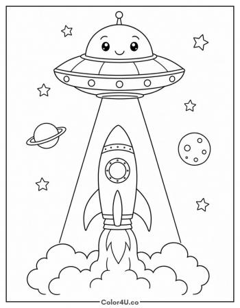 Flying Saucer over the Rocket coloring page