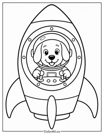 Dog Astronaut in a Rocket coloring page