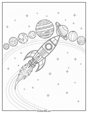 Rocket over the Solar System coloring page
