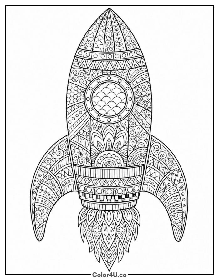 Zentangle patterned rocket, detailed rocket coloring page for adults, free printable