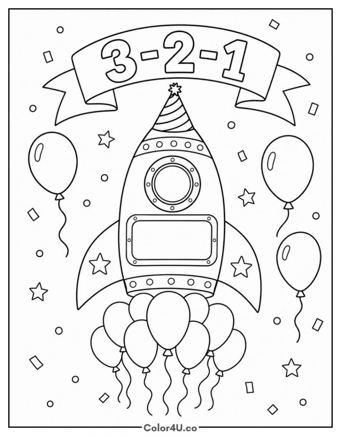 Birthday rocket with balloons and a 3-2-1 banner, medium rocket coloring page