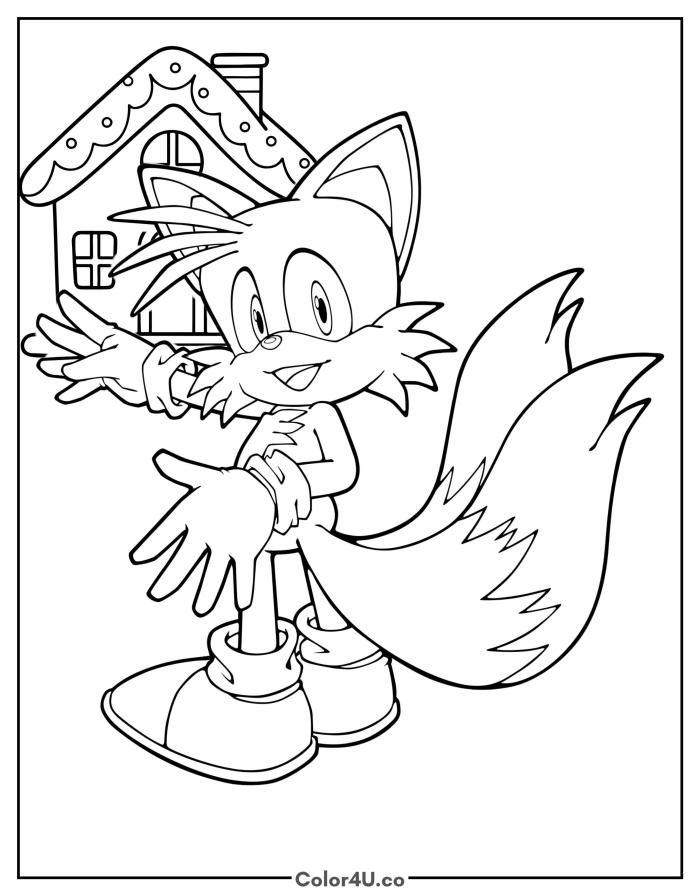 Tails walking home past a small cottage, medium Sonic the Hedgehog coloring page, free printable