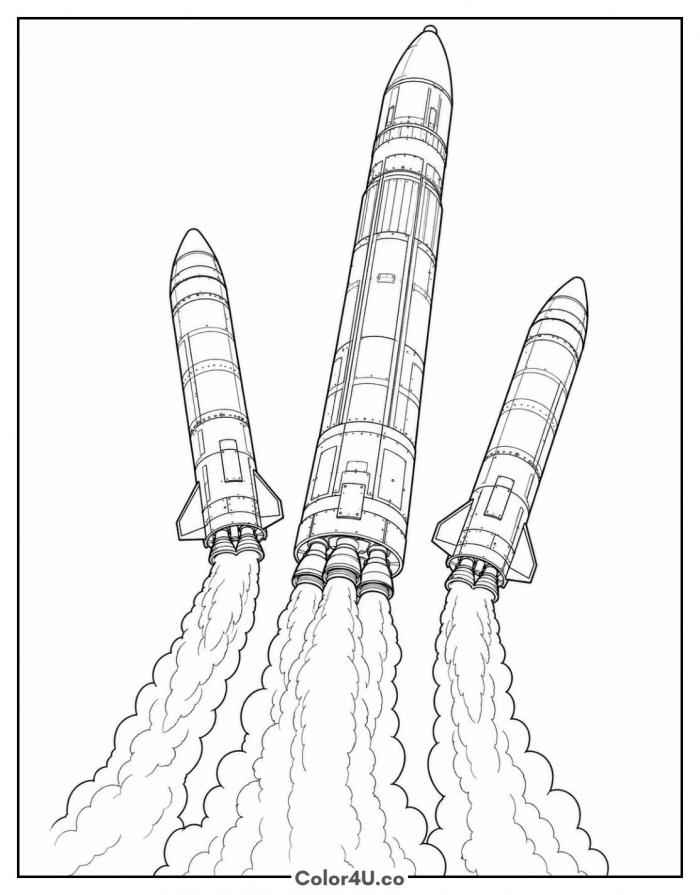 Three heavy-lift rockets launching in formation, detailed rocket coloring page