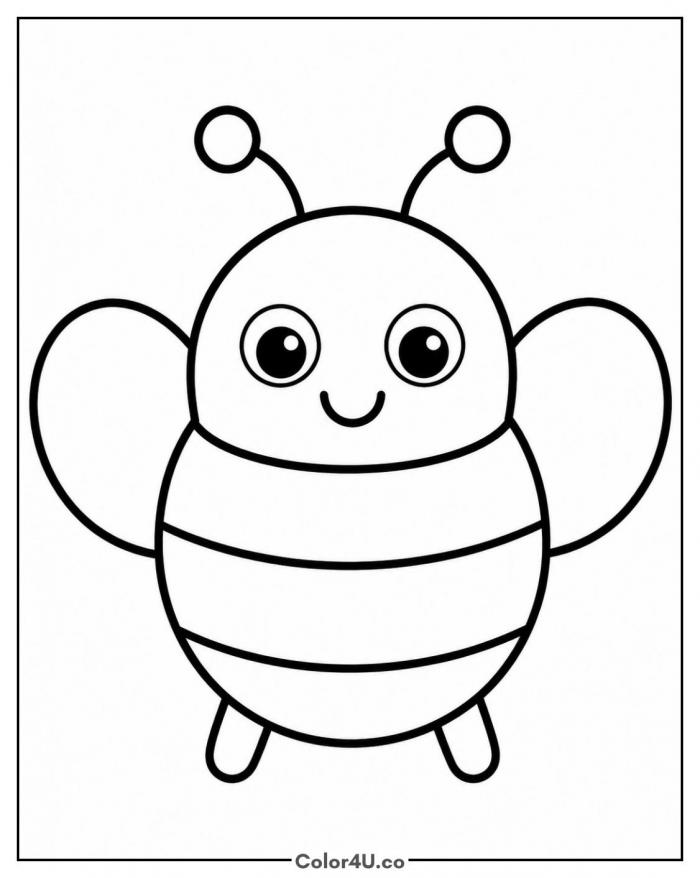 Smiling cartoon bee with striped body, easy bee coloring page, free printable