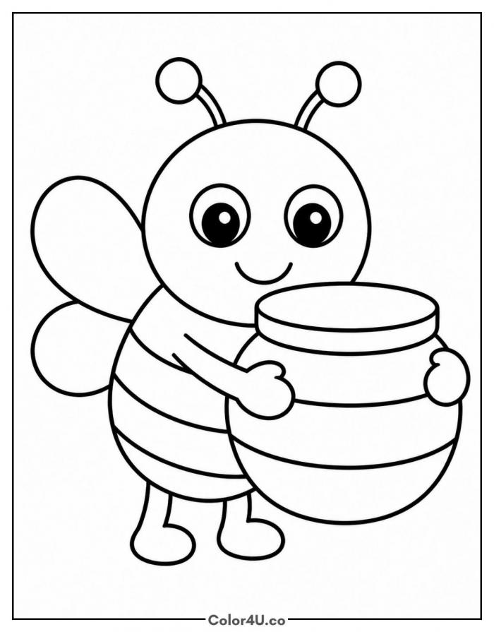 Bee holding a large honey pot, easy bee coloring page, free printable