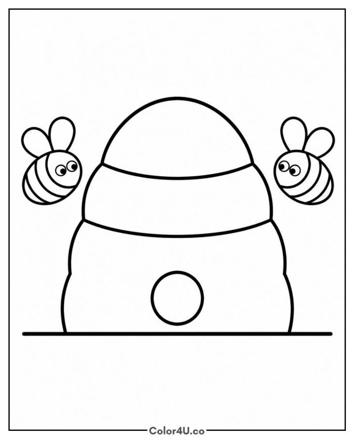 Beehive with two small bees flying beside it, easy bee coloring page, free printable