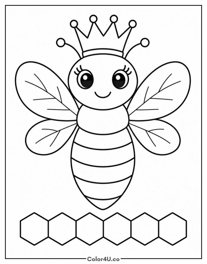 Queen bee wearing a crown above a honeycomb row, medium bee coloring page, free printable