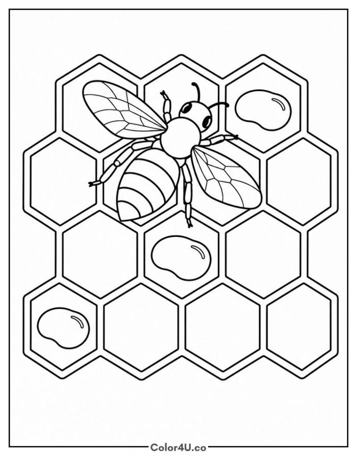 Honey bee resting on a honeycomb wall, detailed bee coloring page, free printable