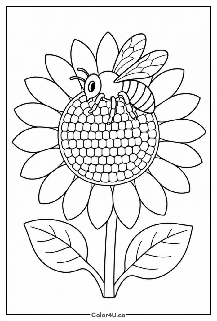 Honey bee on a sunflower with seeded center, detailed bee coloring page, free printable