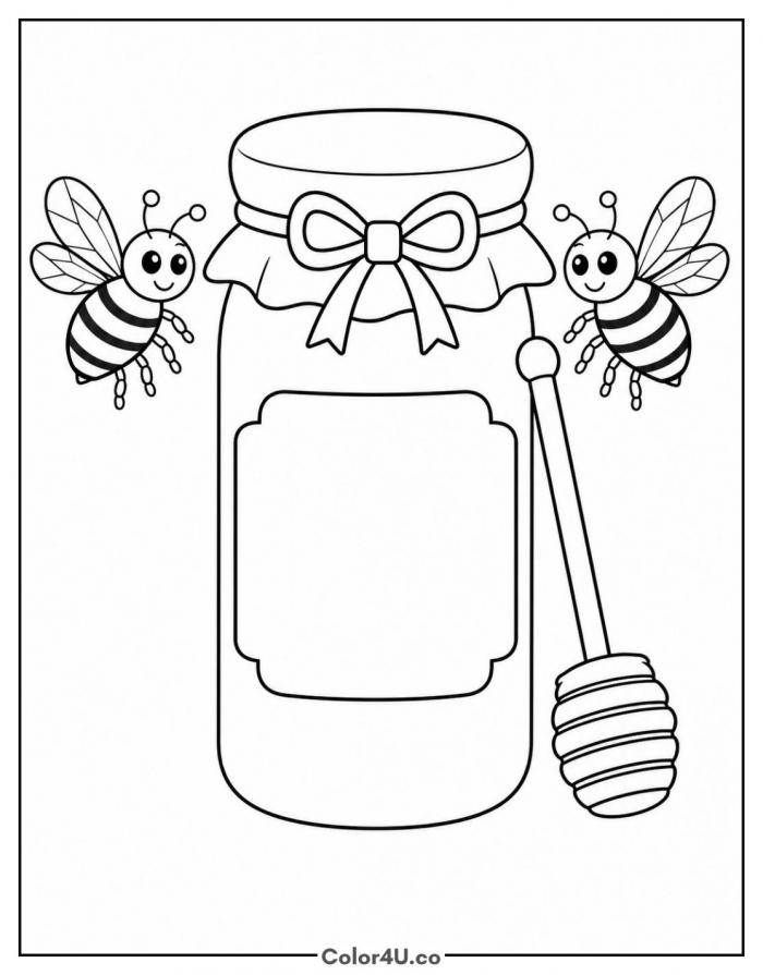 Two bees flying around a honey jar with a dipper, medium bee coloring page, free printable