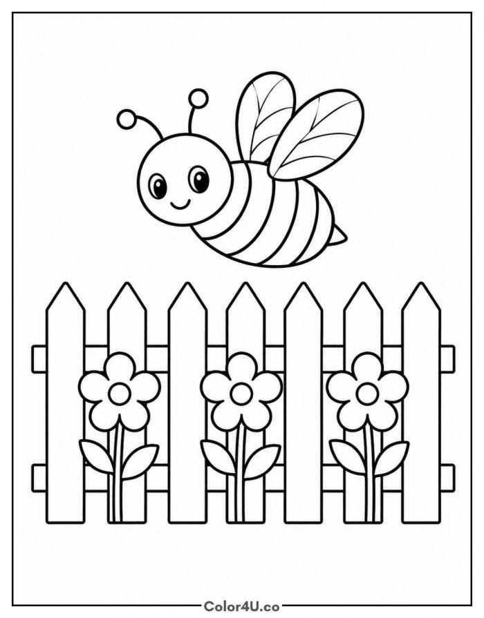 Bee flying over a picket fence with flowers, medium bee coloring page, free printable