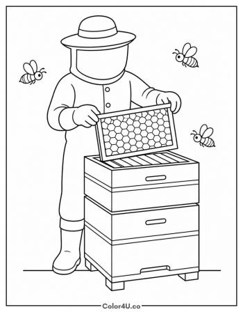 Beekeeper Checking a Hive coloring page