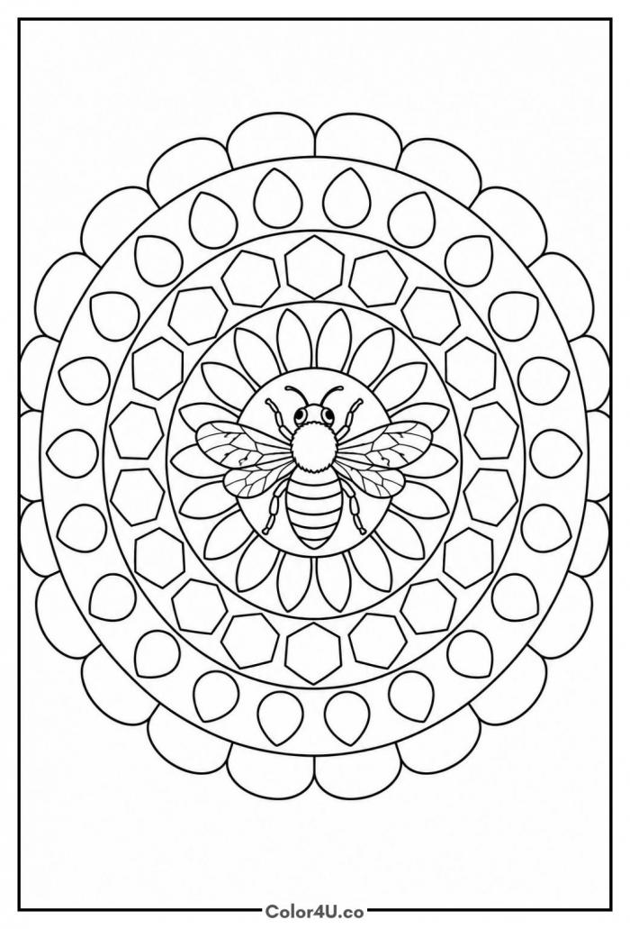 Bee mandala with petal and honeycomb rings, detailed bee coloring page, free printable