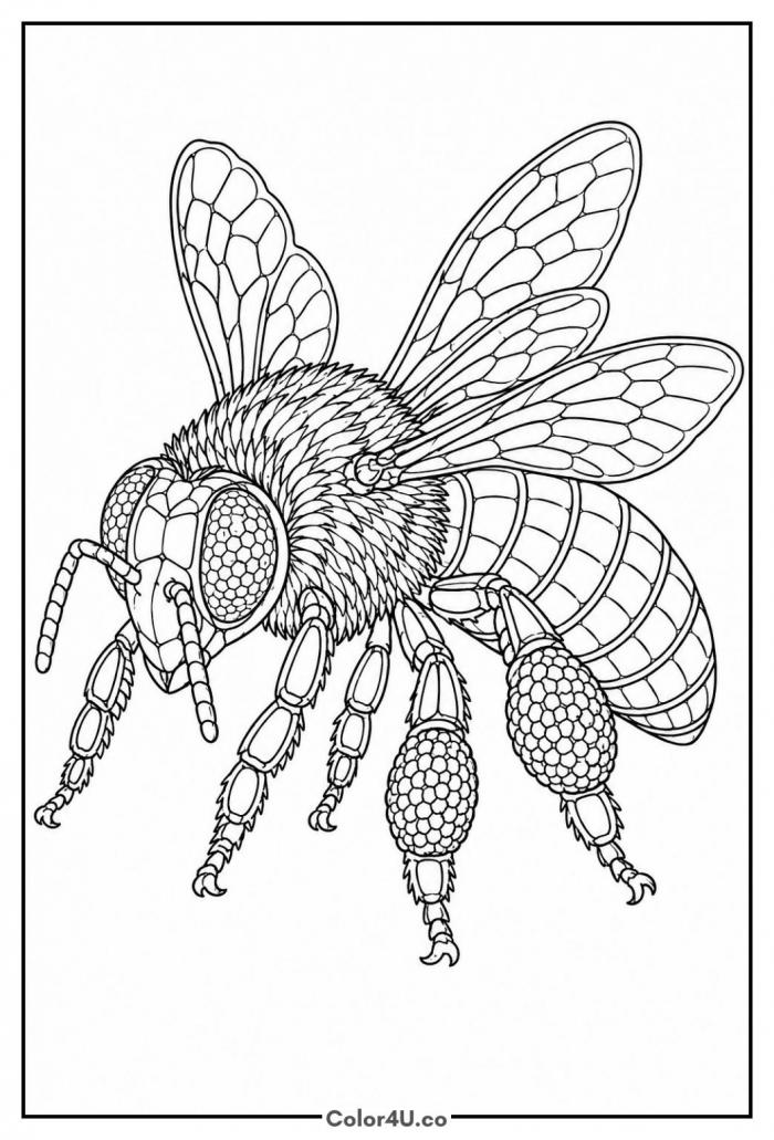 Realistic honey bee close-up with veined wings, detailed bee coloring page, free printable