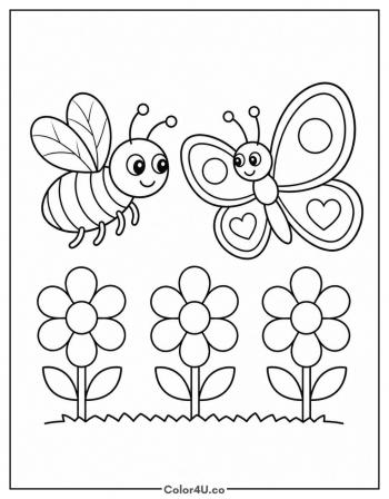 Bee and Butterfly in a Meadow coloring page